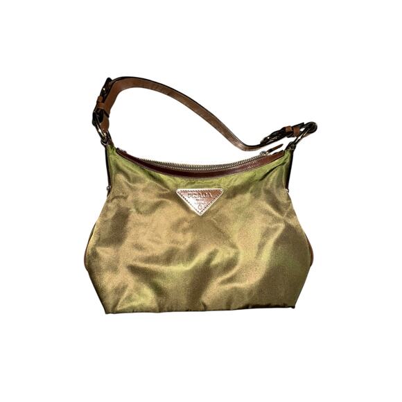 Prada Women khaki Green Brown Leather Trim silver Nylon Hobo Shoulder Bag purse - Picture 10 of 16